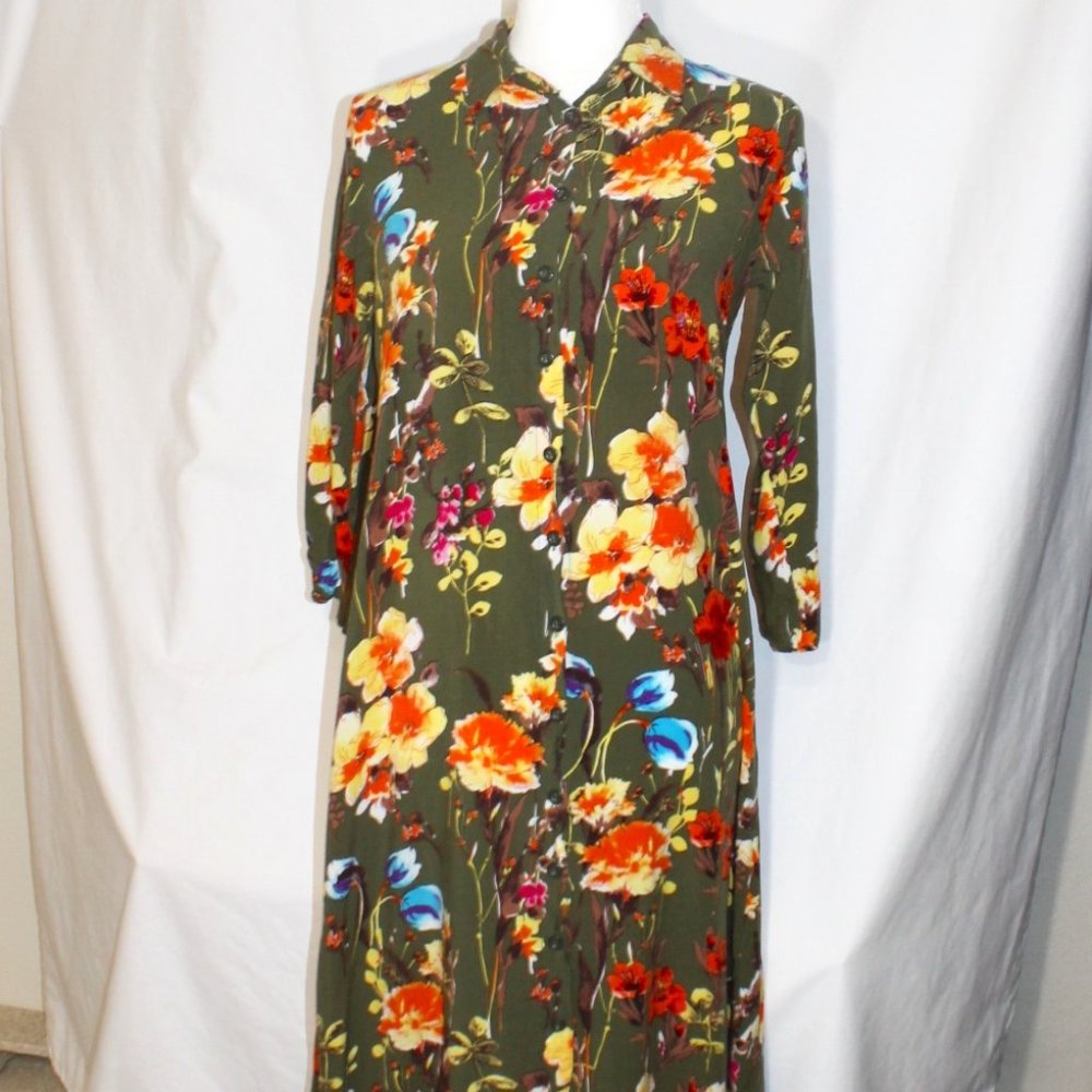 H & K COLLECTION Green & Orange Floral Dress Size Small Button Front Below Knee